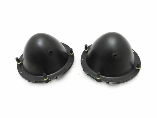 Pair of black metal headlight mounting buckets with studs and mounting brackets