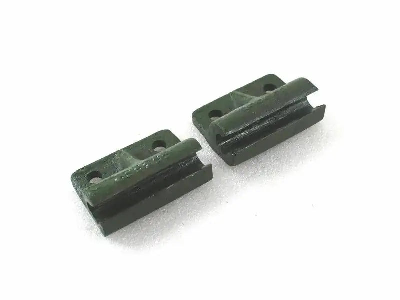 Metal tailgate door hinge brackets with screw holes, dark green finish