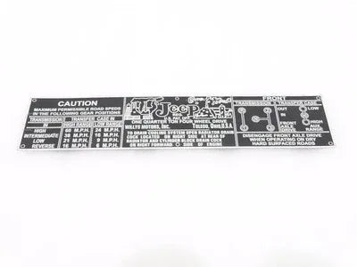 Aluminum transfer case information plate with caution and specifications text, rectangular