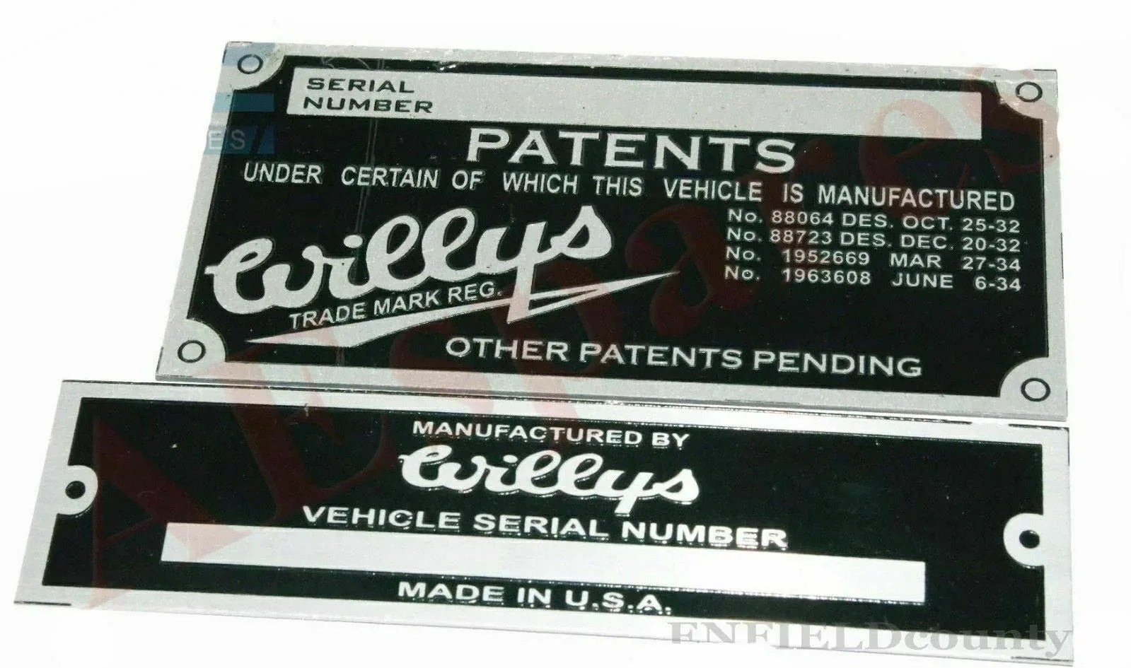 Brass vehicle serial number and patents plate with bordered text and mounting holes