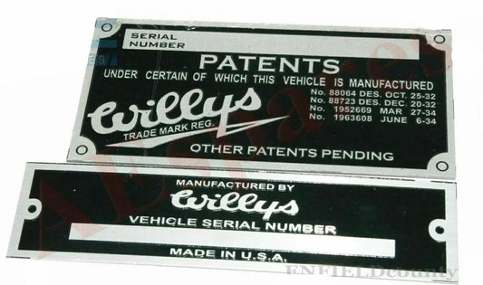 Brass vehicle serial number and patents plate with bordered text and mounting holes