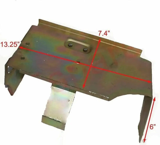 Brown metal battery tray support bracket with side tabs and two mounting holes