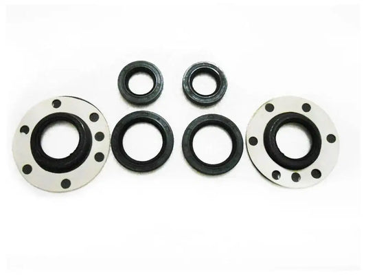 Wheel seal kit with two metal flanges and four black rubber seals