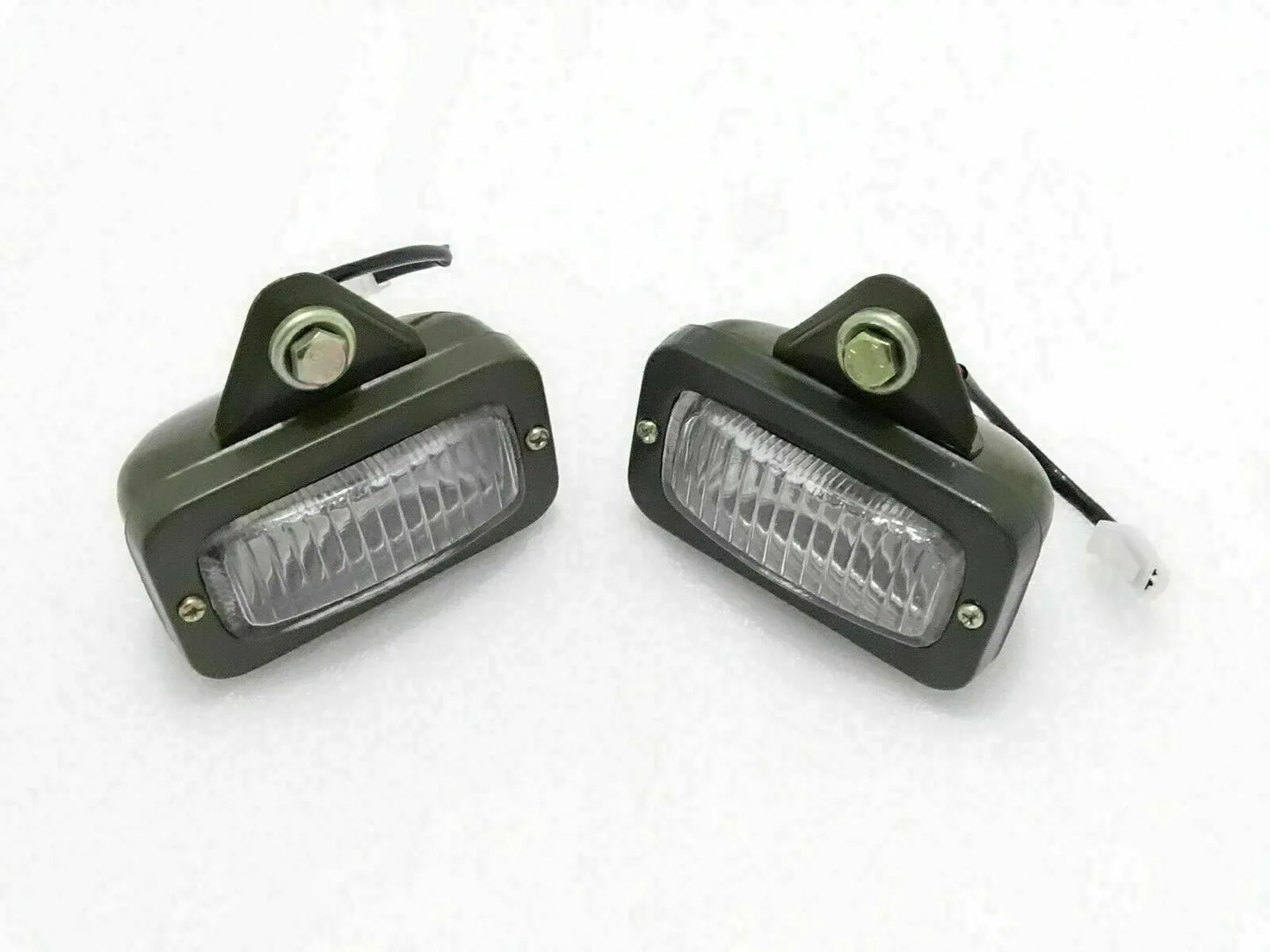Parking light pair with olive housings and clear lens, includes mounting brackets and wiring