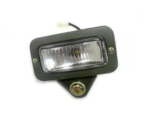 Rectangular parking light with clear lens, black housing, and metal mounting bracket.