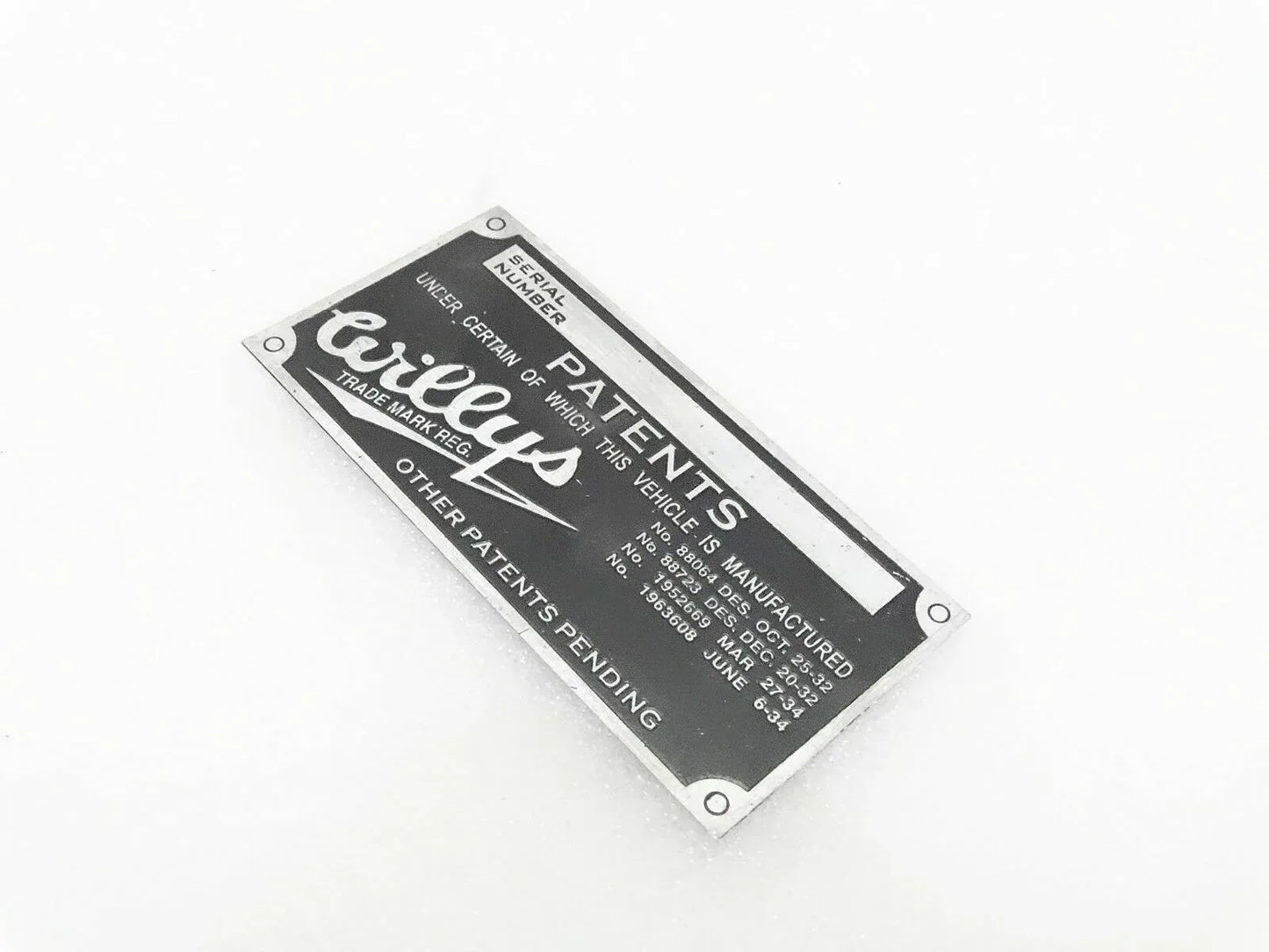 WILLYS JEEP aluminum model data plate with patent text