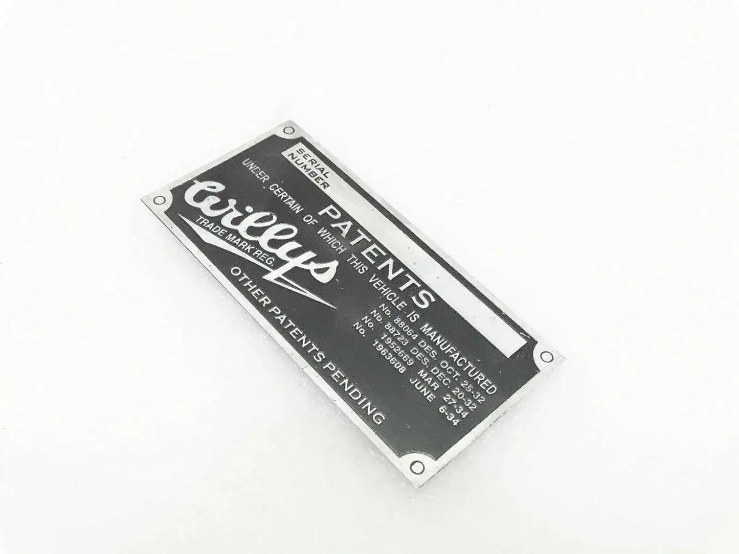 WILLYS JEEP aluminum model data plate with patent text