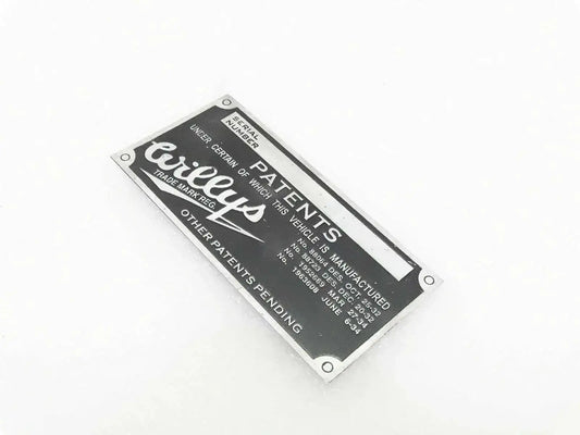 WILLYS JEEP aluminum model data plate with patent text