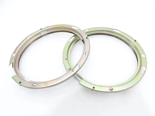 Headlight bezel retaining rings, 7-inch pair, silver metal with mounting holes