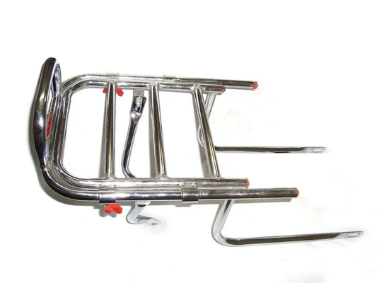 Adjustable rear luggage carrier rack, chrome metal with curved mounting brackets