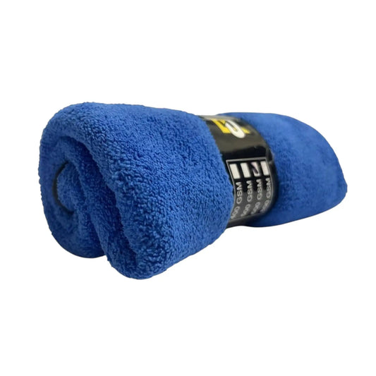 Blue microfiber towel, soft and absorbent, ideal for drying and cleaning vehicles