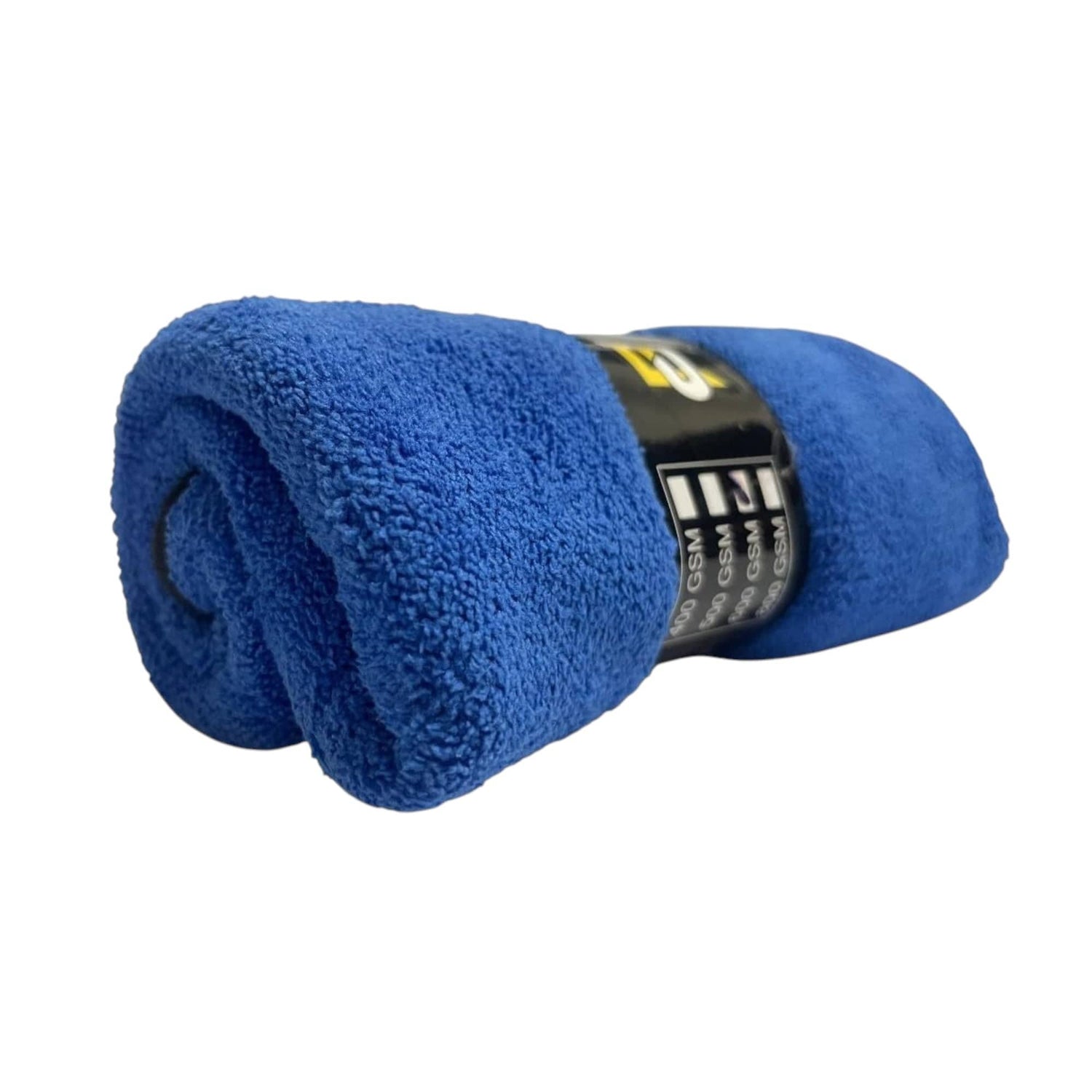 Blue microfiber cleaning towel rolled up, textured terry pile, with label band