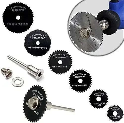 Mini HSS circular saw blade set with 7 saw discs and mounting adapter, 20000RPM marked