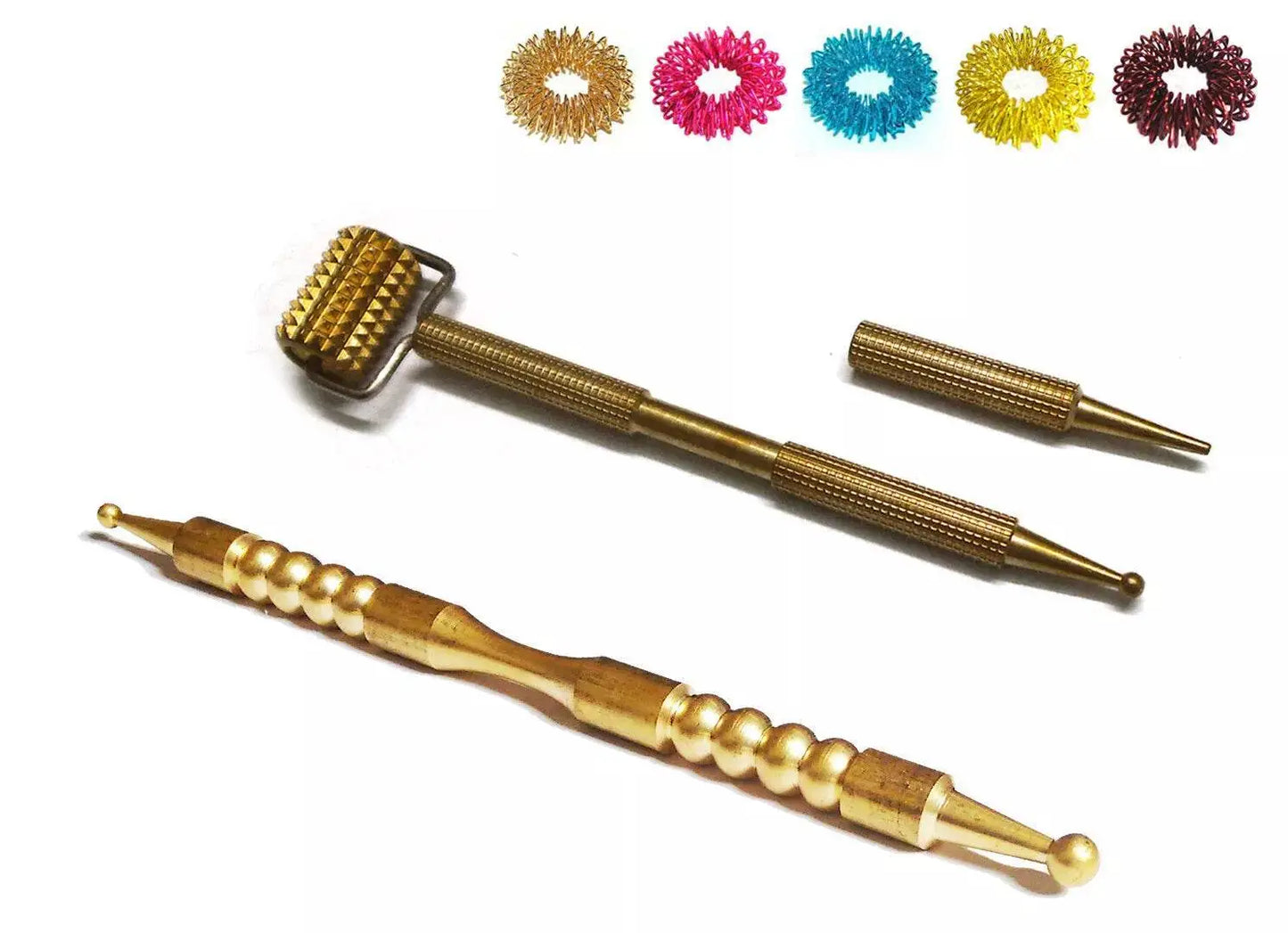 Mini metal probe acupressure set with roller and compact probes in various colors with rings
