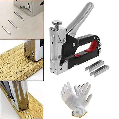 Mini staple gun nailer tacker with metal head and black handle, holding staples