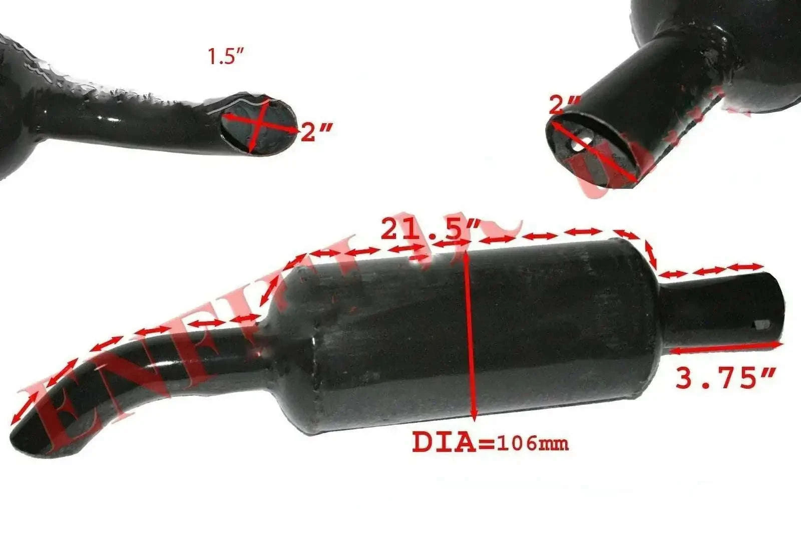 Black coated vertical exhaust silencer with red size markings and 106mm diameter