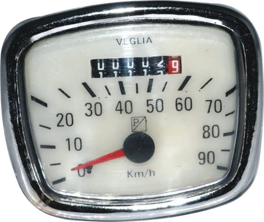 Vespa speedometer gauge with white dial, red needle, km/h scale and chrome bezel