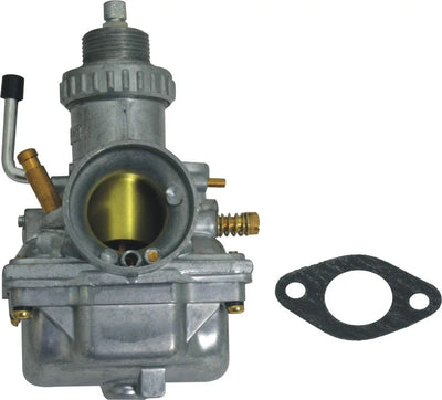 Motorcycle carburetor with aluminum body and gasket, essential for proper fuel-air mixture