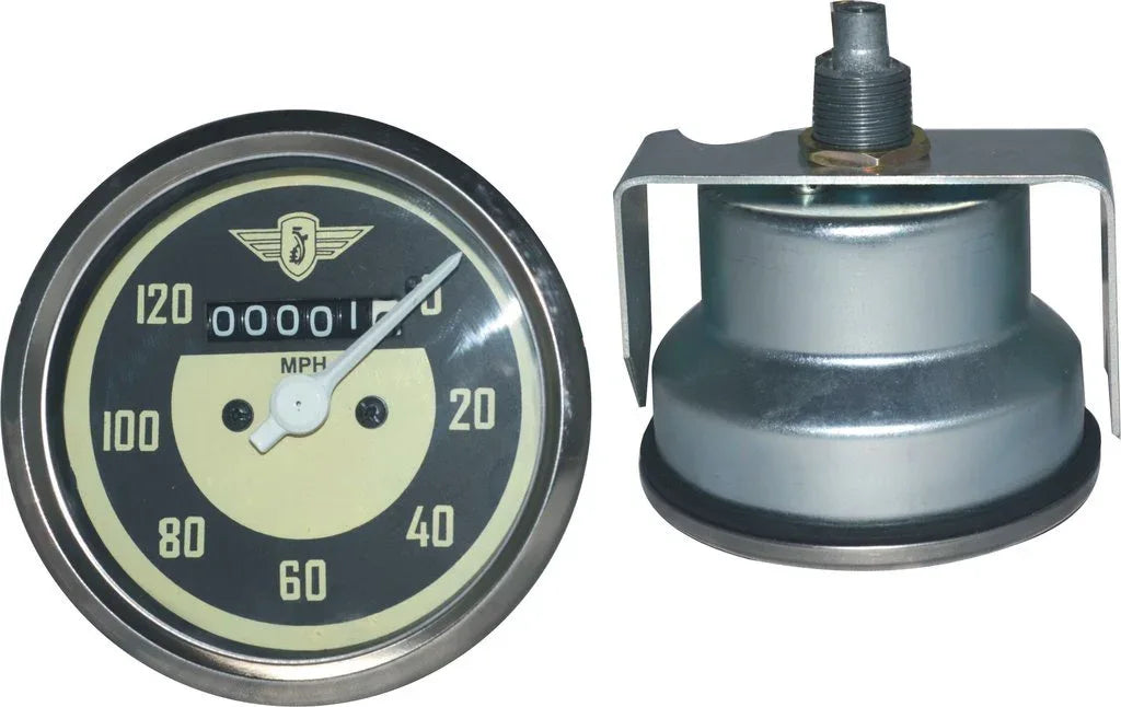 Motorcycle speedometer gauge with black dial, 0–120 MPH scale and chrome bezel