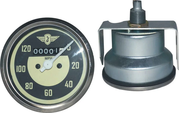 Motorcycle speedometer gauge with black dial, 0–120 MPH scale and chrome bezel