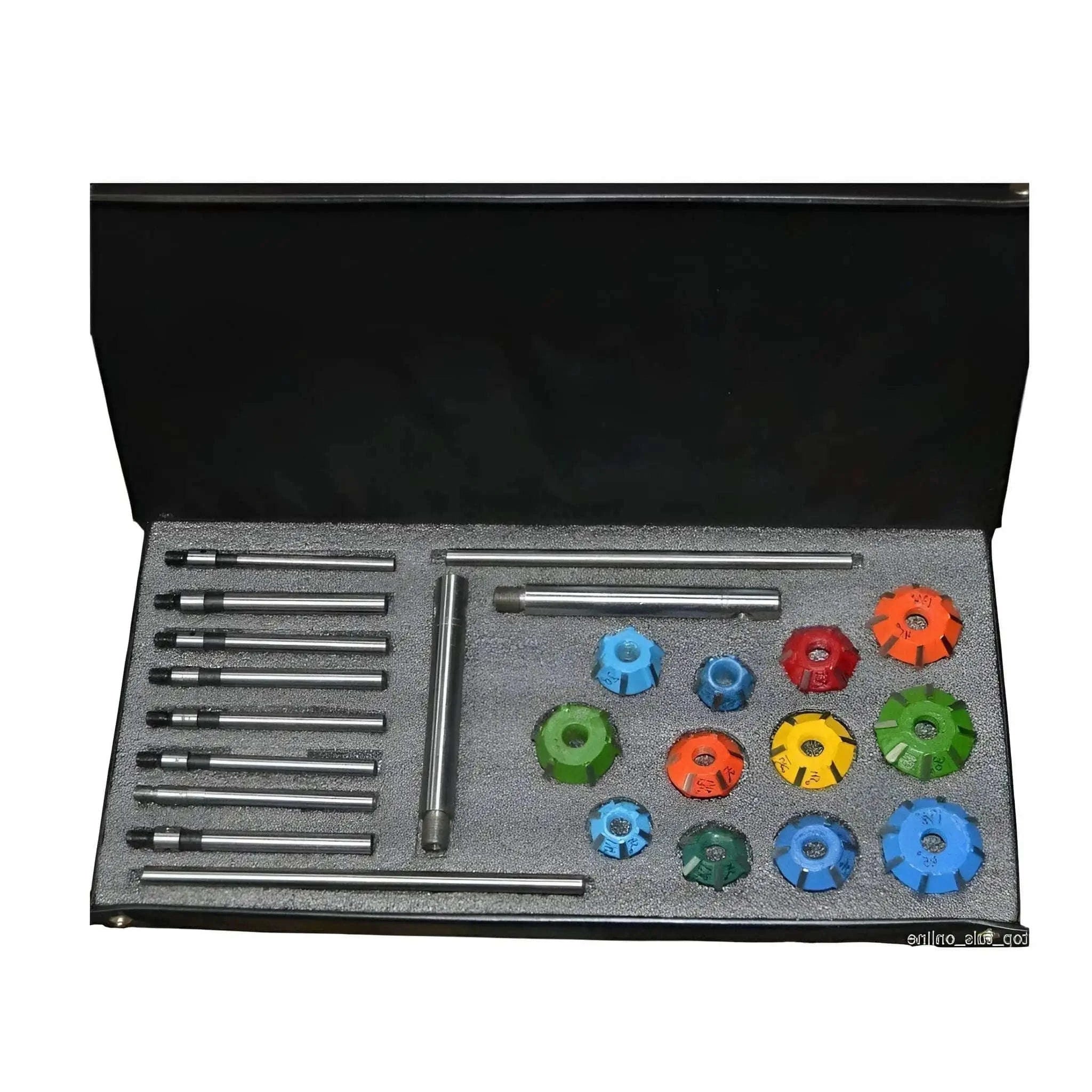 Carbide valve seat restoration kit with various tools and cutters in a protective case for automotive repairs