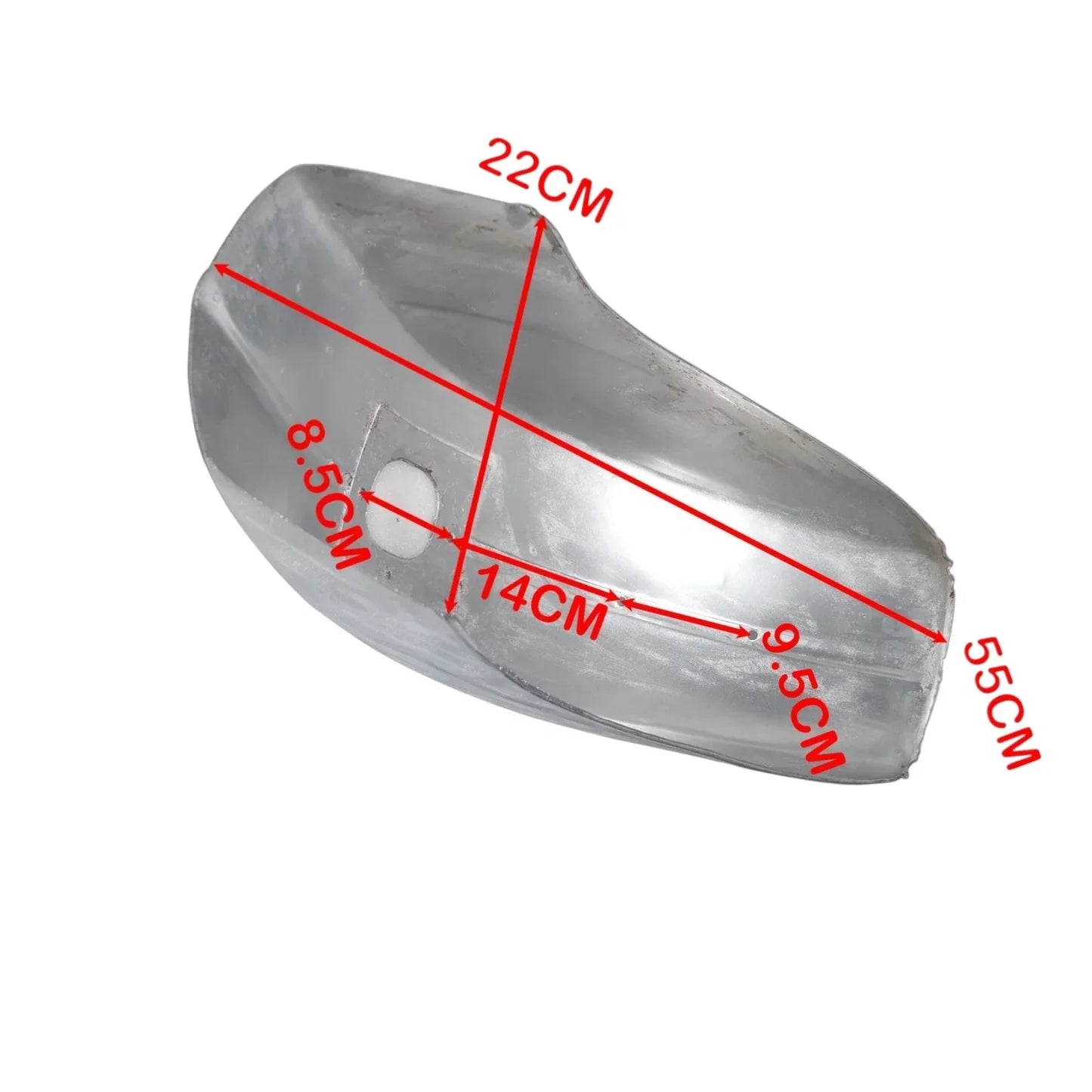 Chrome plated front mudguard for bikes, measuring 55cm x 22cm, designed to protect from dirt and debris.