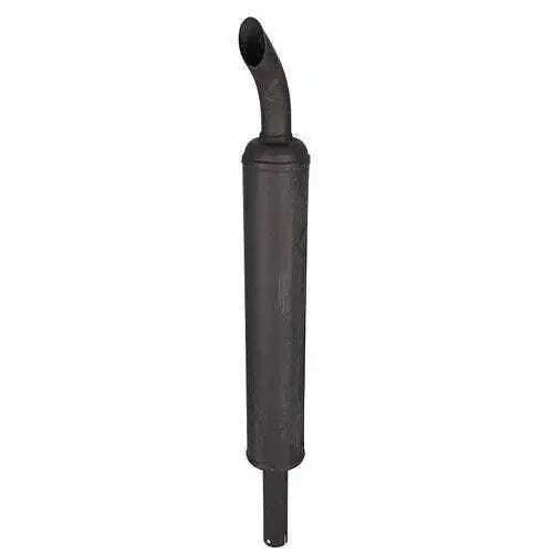 Dark metal muffler with curved exhaust inlet and straight mounting outlet pipe