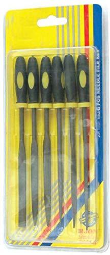 6-piece needle file set with handles in blister pack, metal files and yellow grip