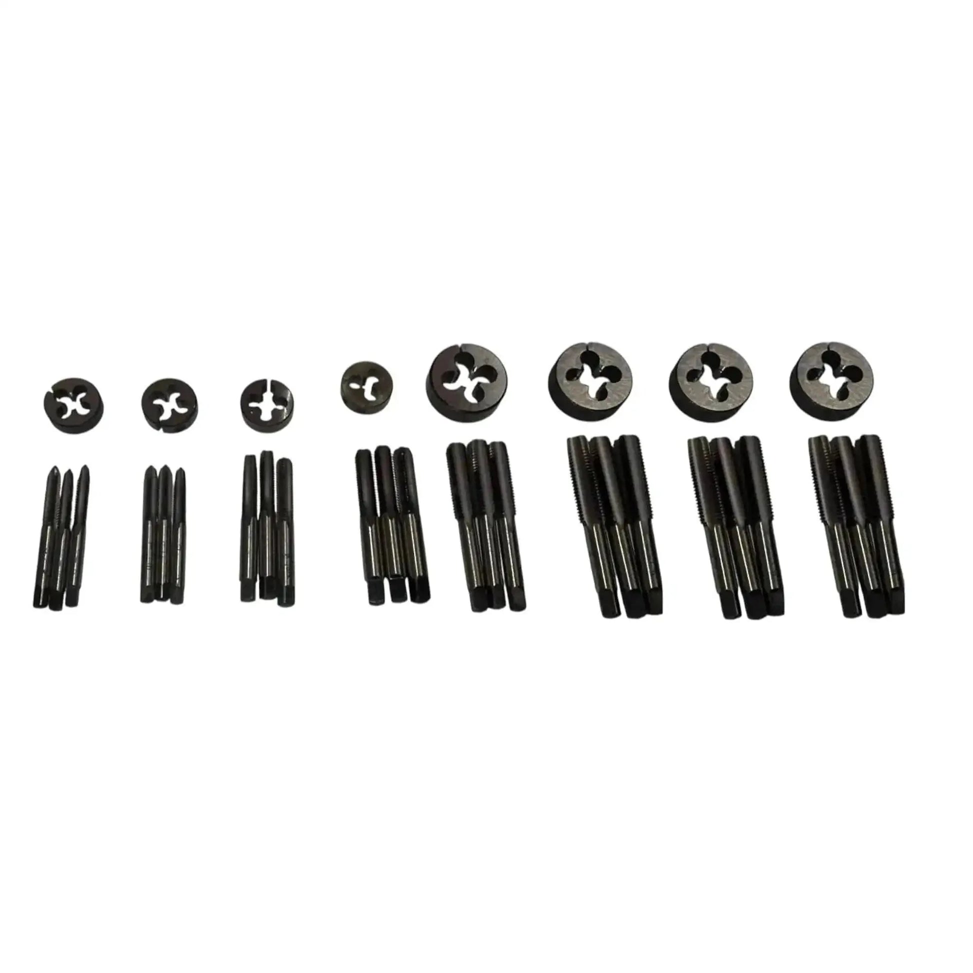 Tap die set with assorted black circular dies and threaded tool bars, 32-piece set