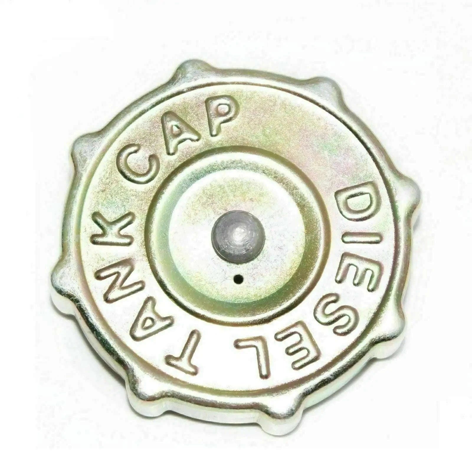Diesel fuel tank cap, metallic with embossed text and central vent pin