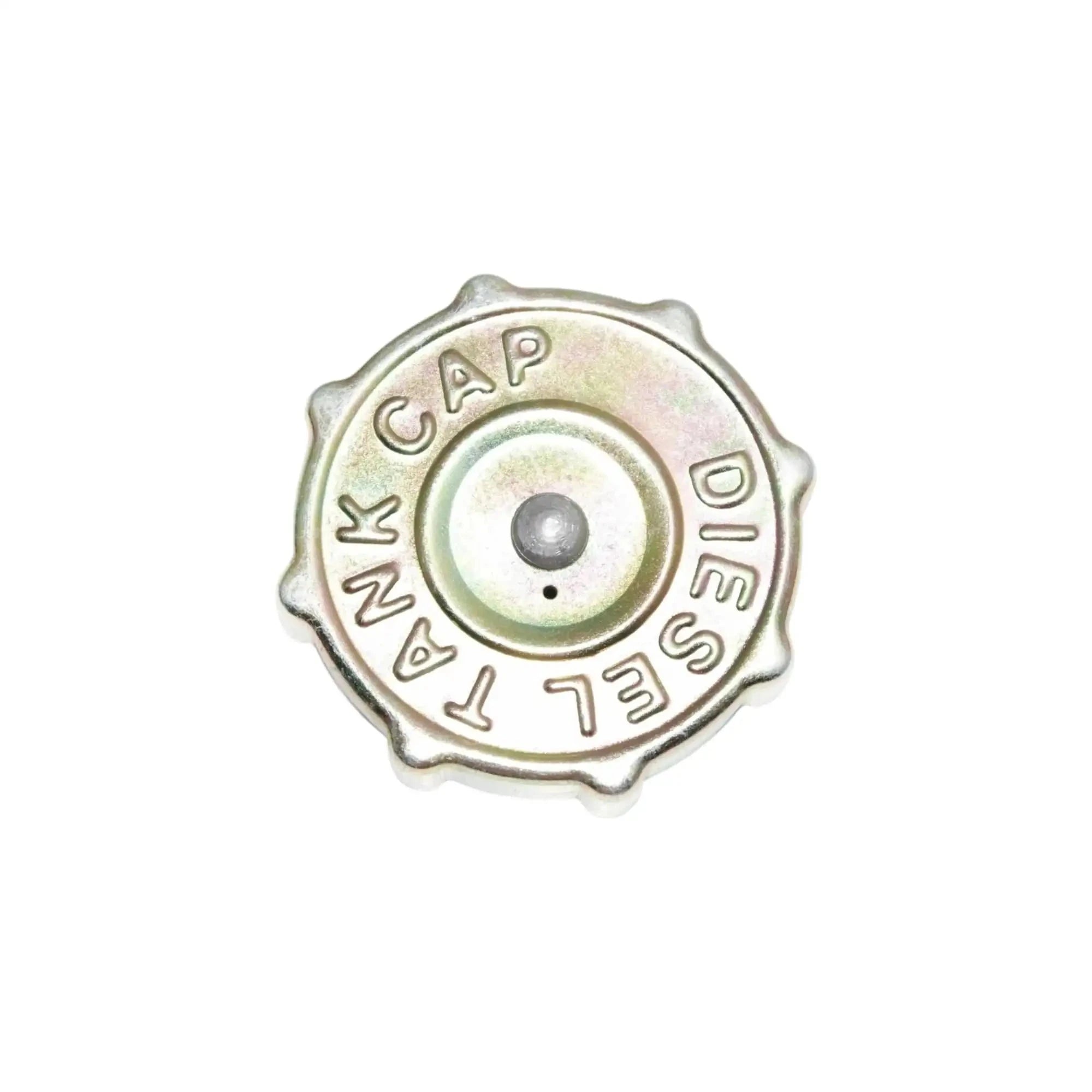 Diesel fuel tank cap front view, metallic with central hole and embossed DIESEL text
