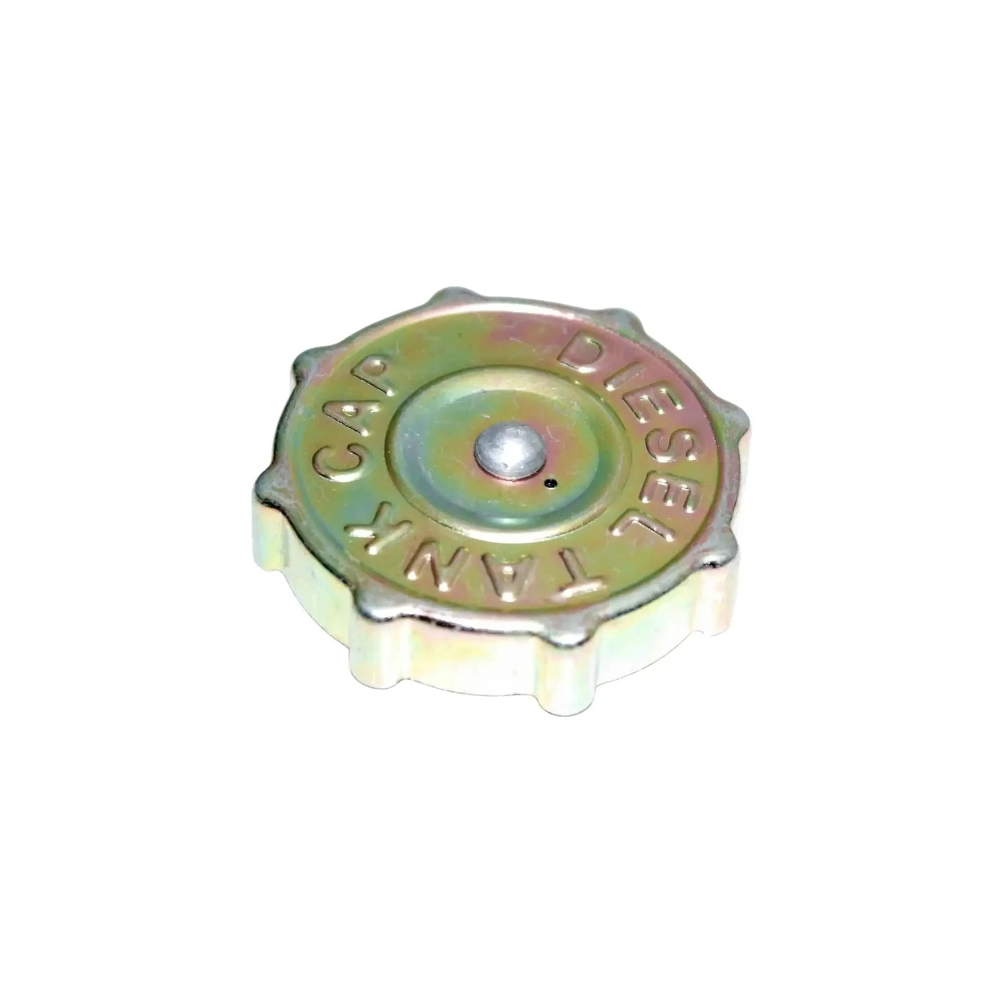 Diesel fuel tank cap side view with embossed lettering and central metal insert