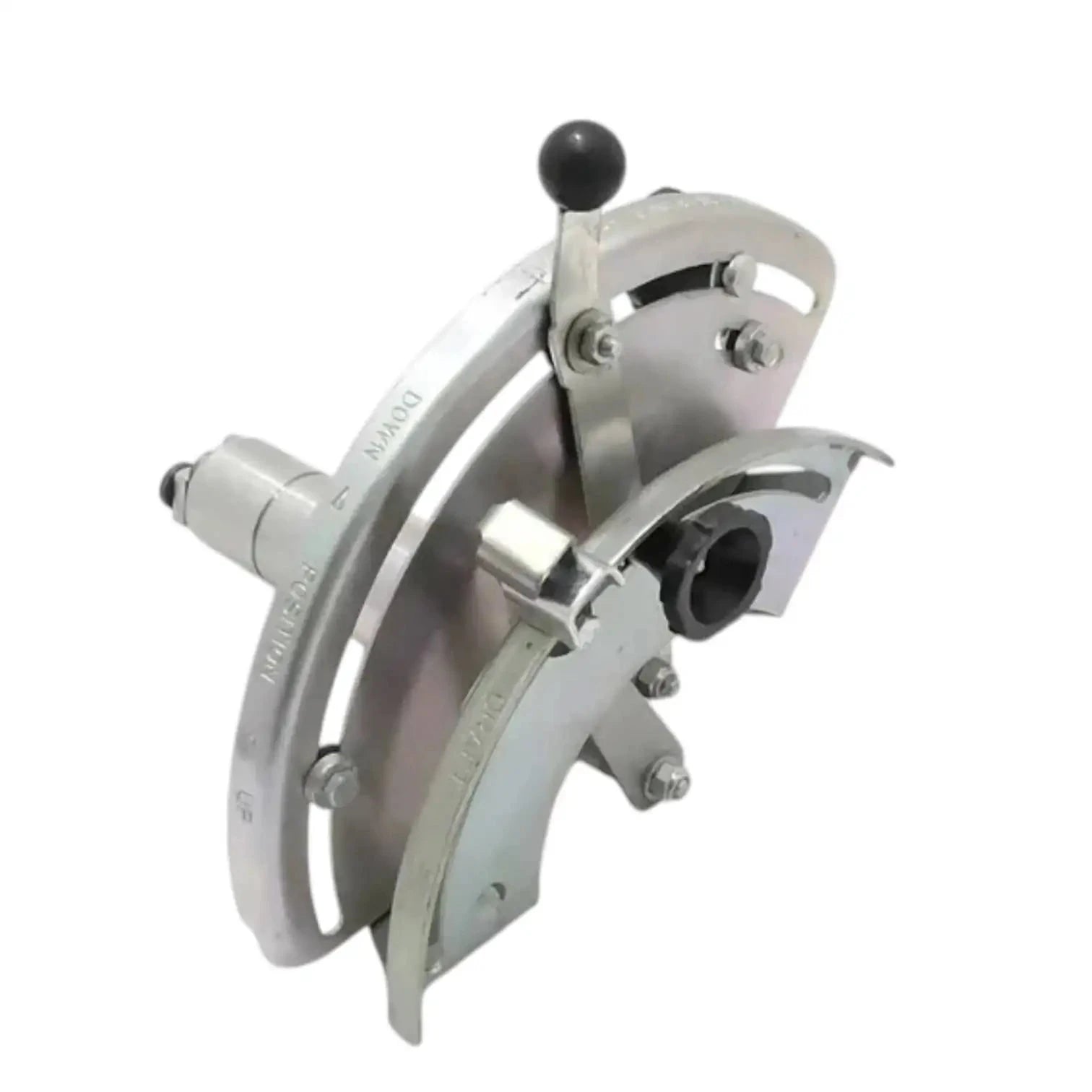 Hydraulic lift control quadrant assembly with round hand lever and mounting plate