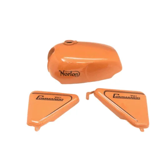 Norton Commando Roadster 750 tank, fiberglass, orange color, designed for classic motorcycle restoration