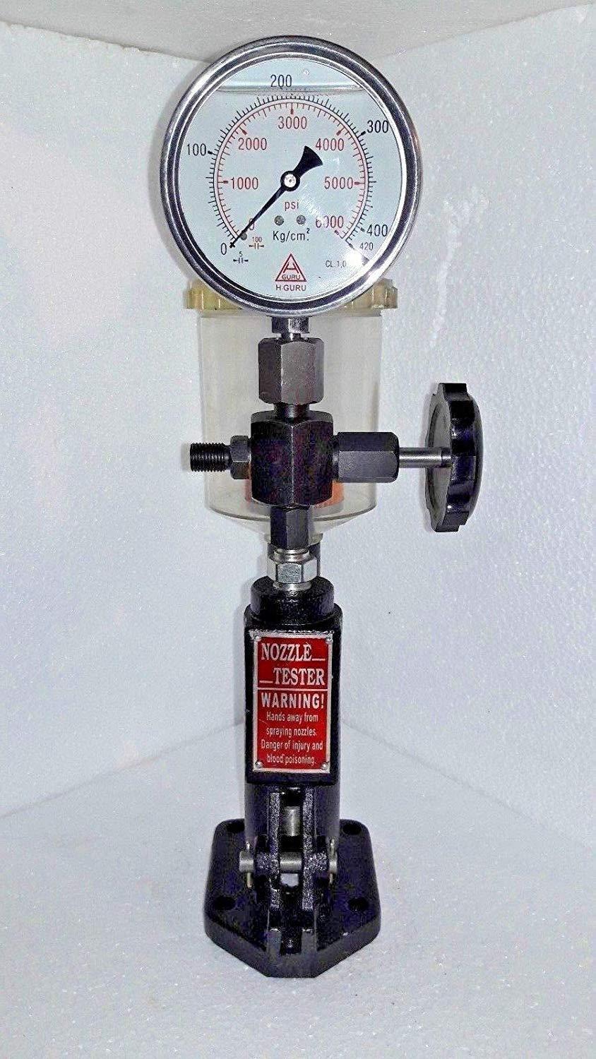 Diesel injector nozzle pop tester with pressure gauge, nozzle holder, warning label