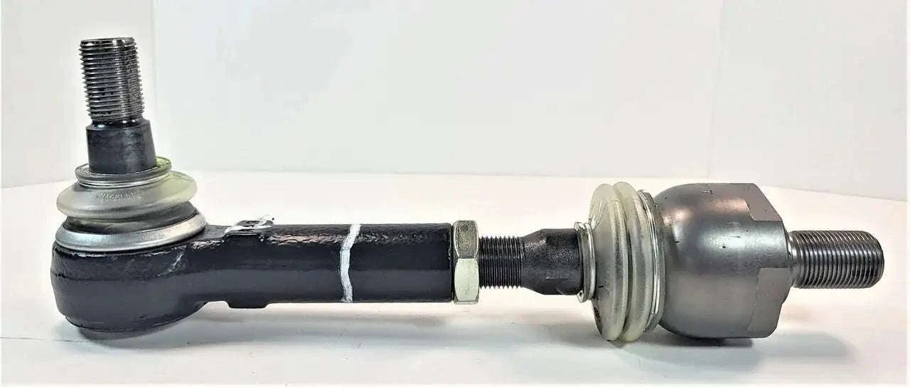Tie rod ball joint assembly with metal housing, threaded ends, and rubber boot