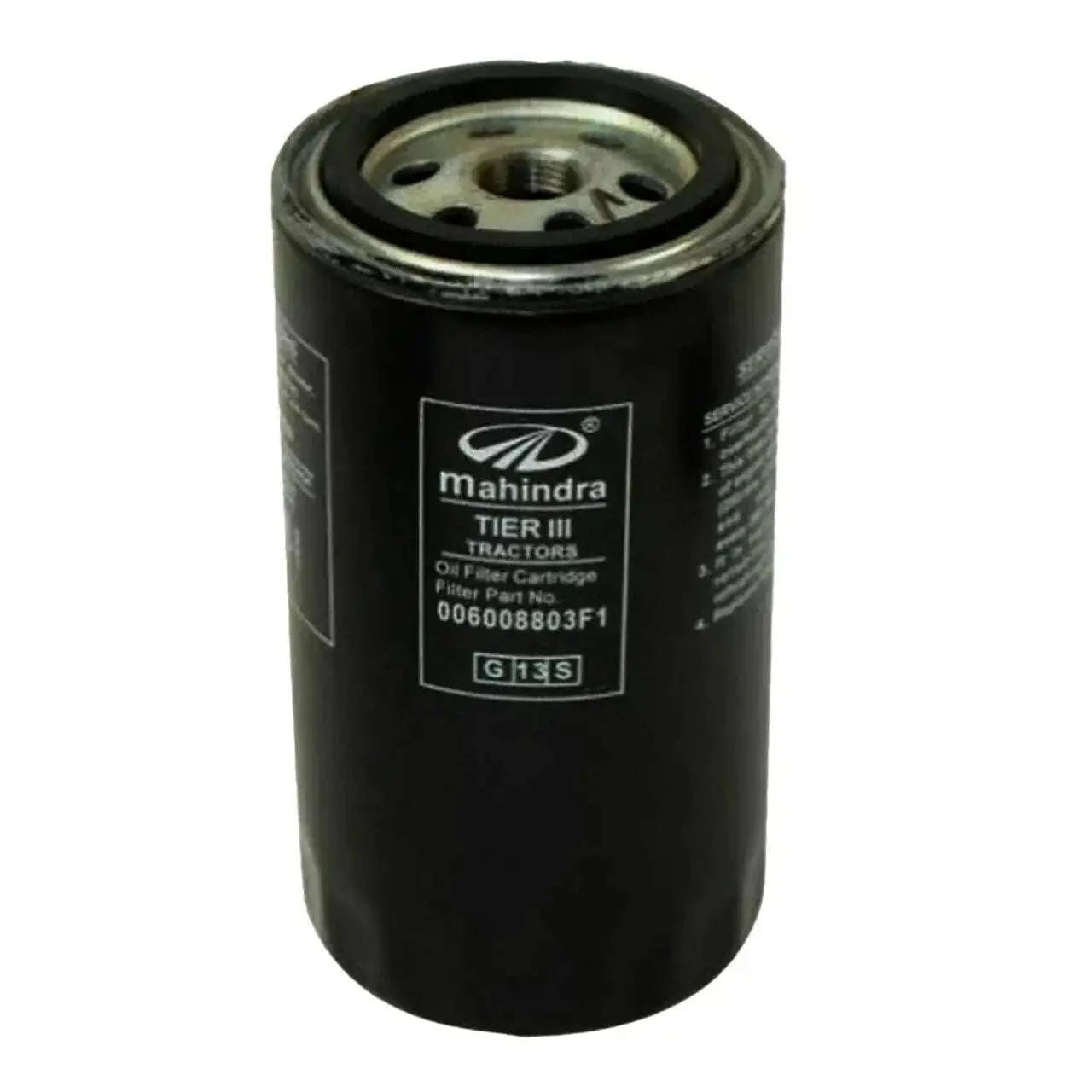 Mahindra tractor engine oil filter, black cylindrical with metal top and base