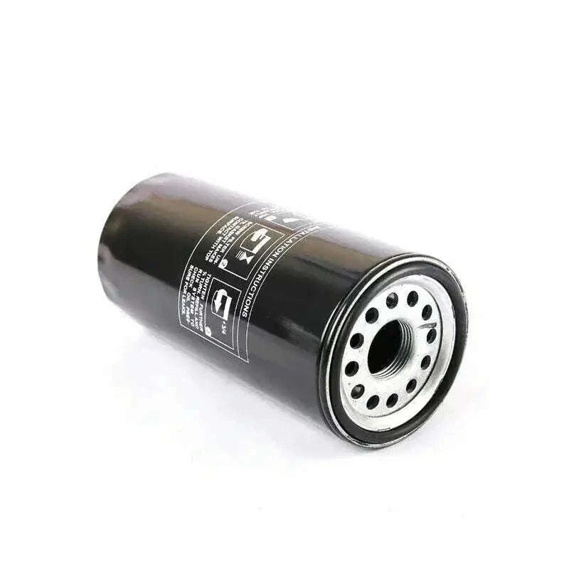 Tractor oil filter assembly, black cylindrical canister with perforated end cap