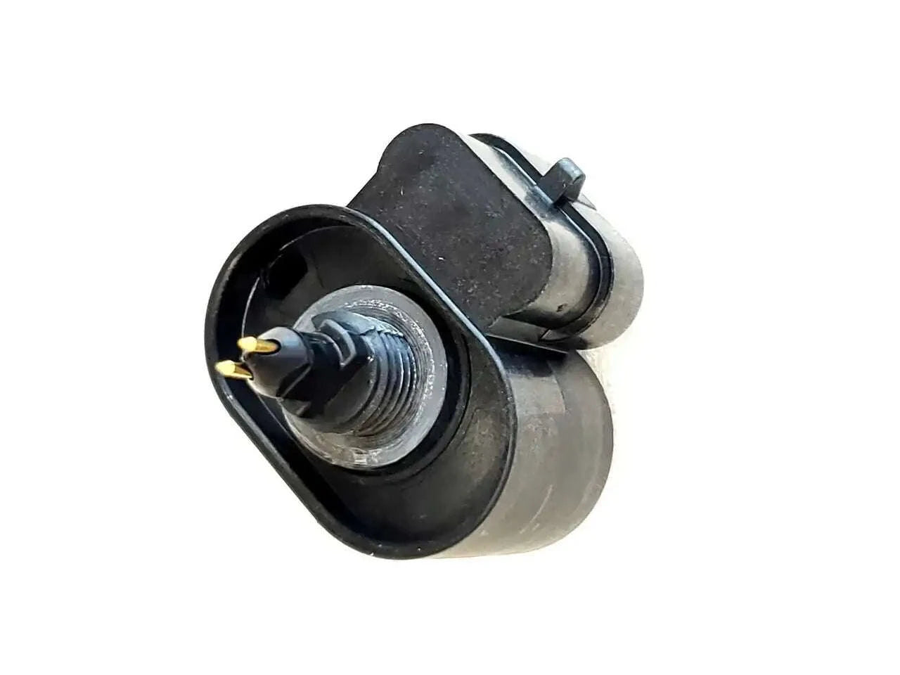 Fuel filter water sensor with black rubber boot and metal housing, connector end