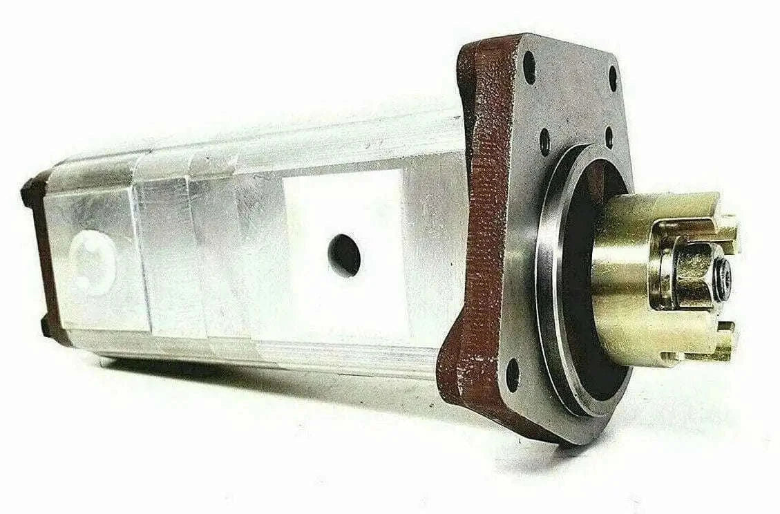 Hydraulic pump assembly with mounting flange, bolt holes, and front splined shaft