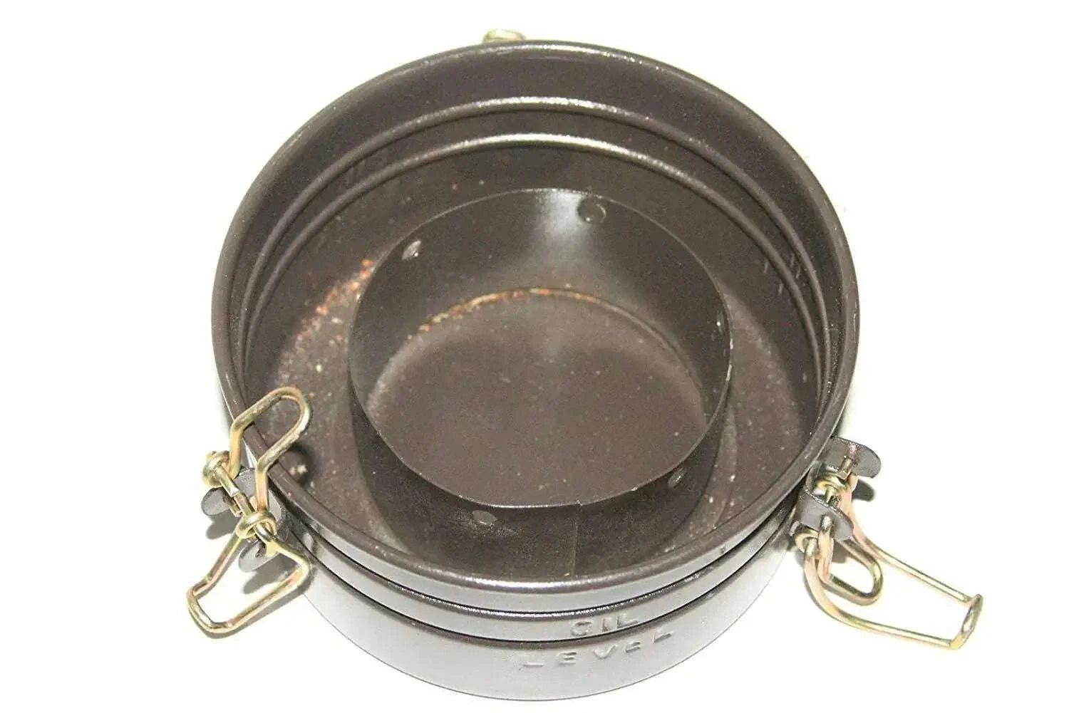 Air filter bowl with hinged latches, dark metal circular construction
