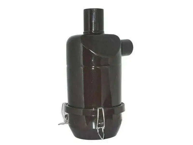 Oil bath air filter cleaner assembly, dark cylindrical housing with outlet tube