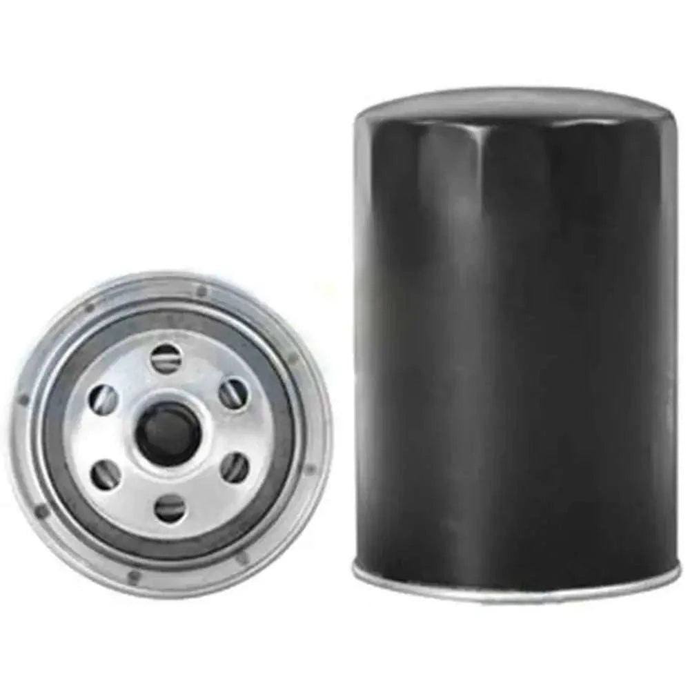 Oil filter with black cylindrical body and silver metal end cap, two-piece view