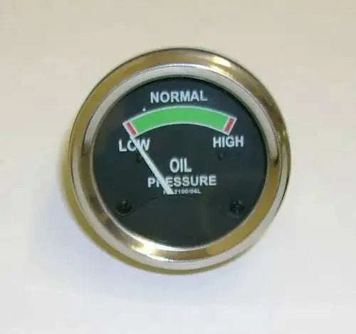 Oil pressure gauge with NORMAL and HIGH markings on black dial