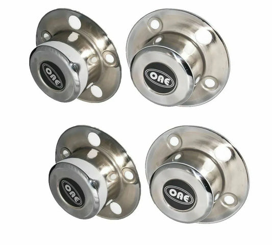 Set of 4 wheel hub covers, round silver metal with screw holes and central ONE logo
