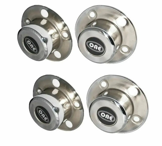 Set of 4 wheel hub covers, round silver metal with screw holes and central ONE logo