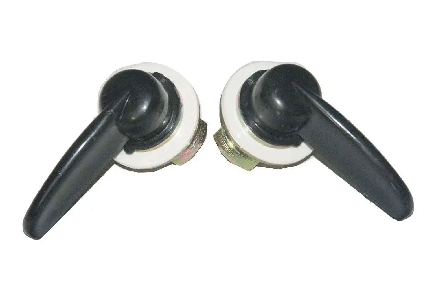 Tractor hood lever pair with black handles and circular metal bases