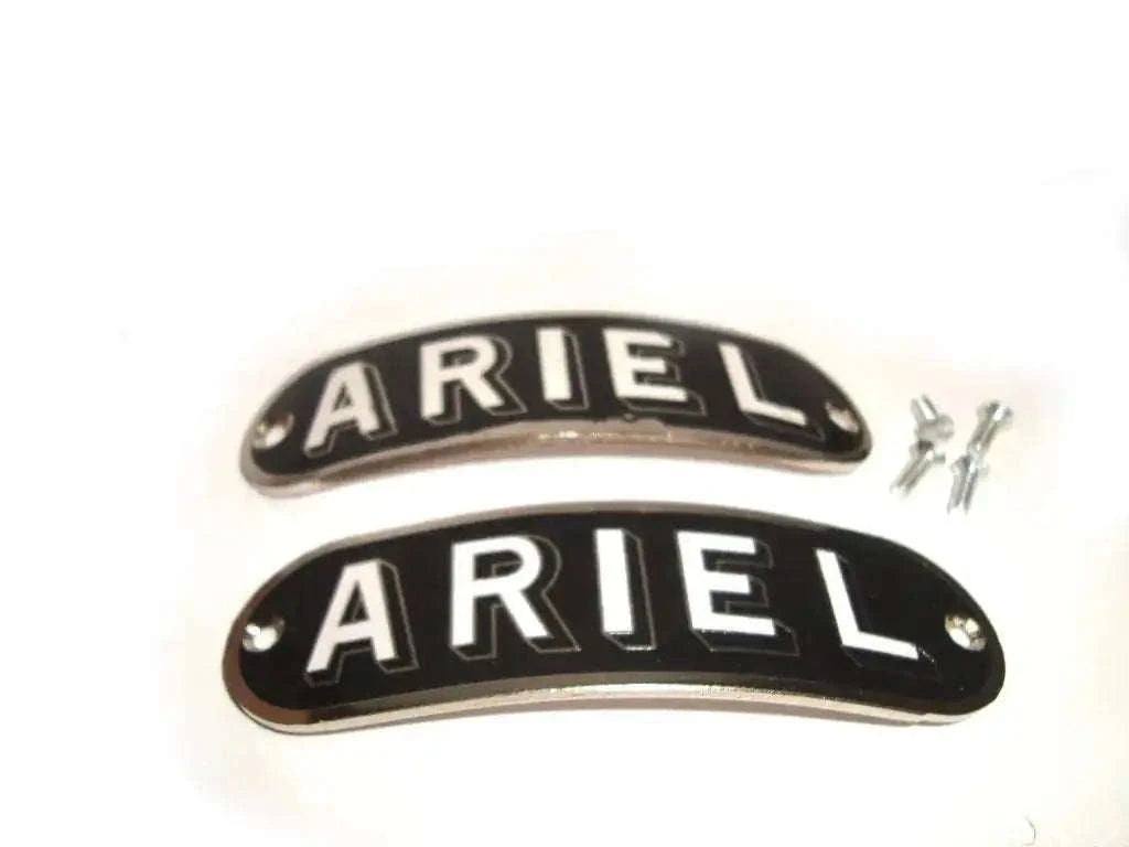 Pair of black Ariel decal emblems with chrome border and screws
