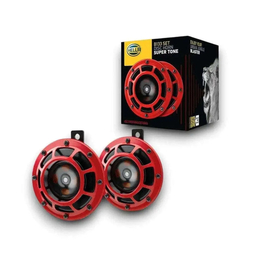 Hella Supertone Twin Car Horn Pair with red grill and mounting set