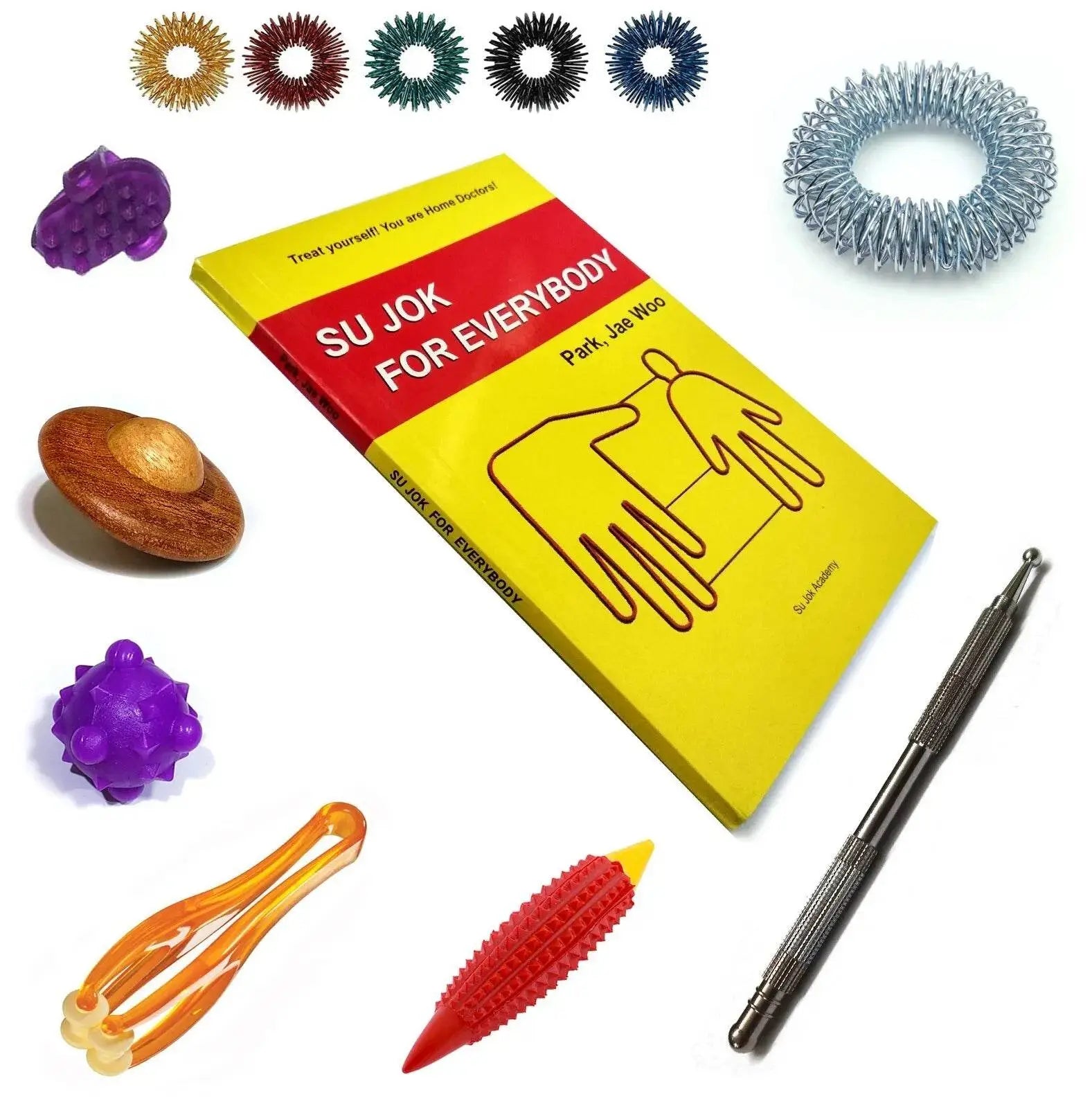 Prof. Park Jae Woo sujok book with an 8 in 1 acupressure kit featuring colorful acupressure tools